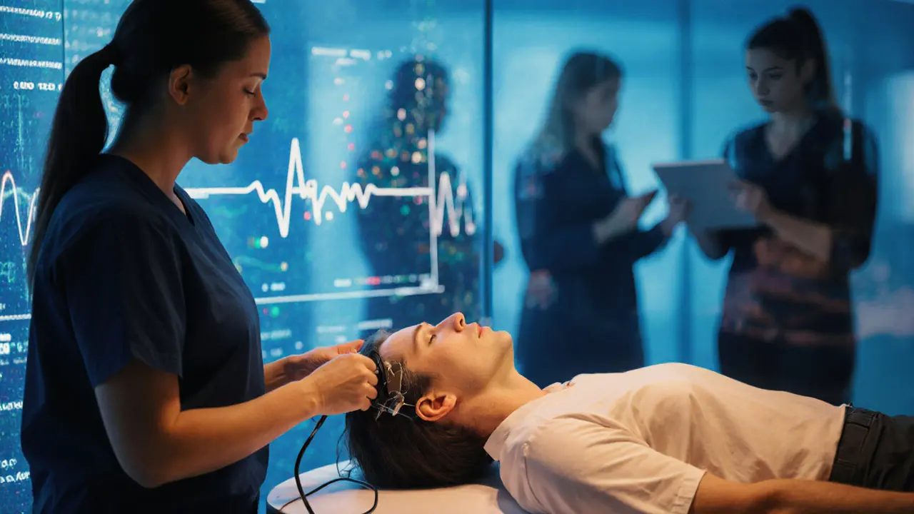 A client undergoing health screening with ECG leads and a team of specialists monitoring data.