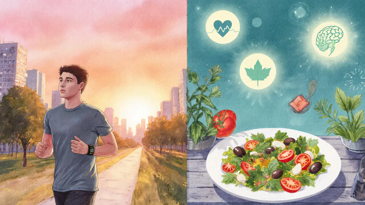A person enjoying a healthy lifestyle, jogging and preparing a Mediterranean meal, with subtle wellness icons.