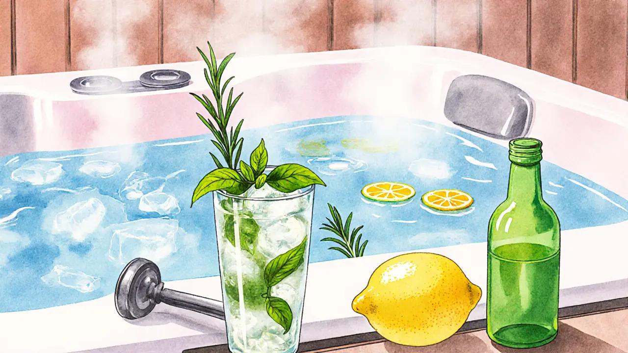 Artistic illustration of a bartender preparing a Foggy Basil cocktail beside a steaming jacuzzi.