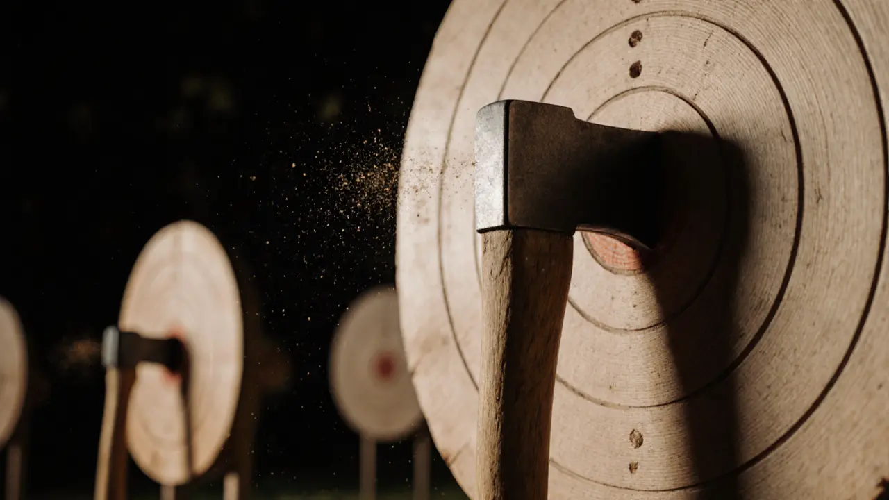 Axe stuck in the bullseye of a wooden target
