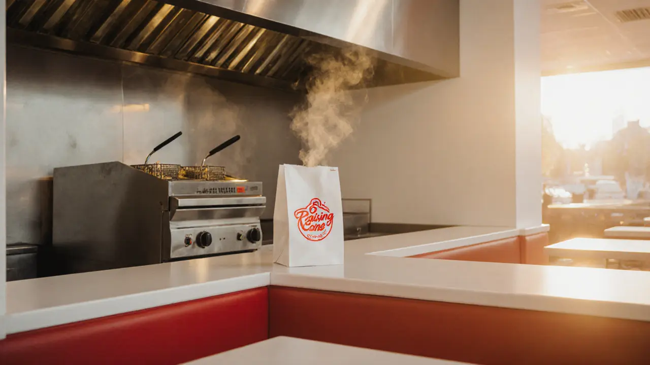 Bright Raising Cane’s restaurant interior with red and white decor and visible kitchen.