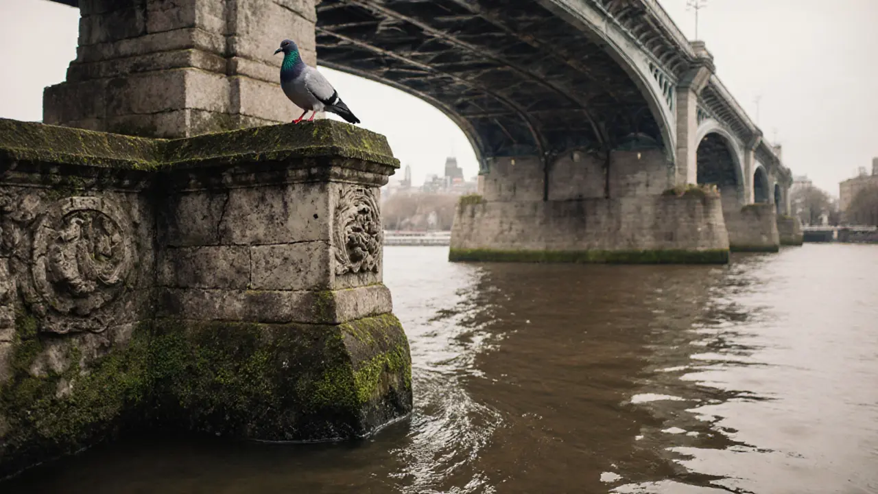 Close-up of ancient stone piers from London Bridge with moss and water lapping nearby.