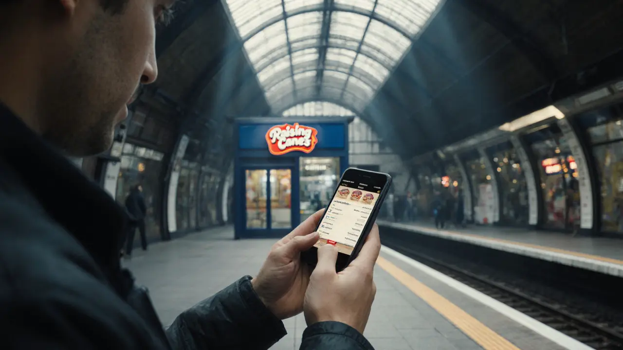 Commuter checking the Raising Cane's app on a quiet tube platform near the restaurant.