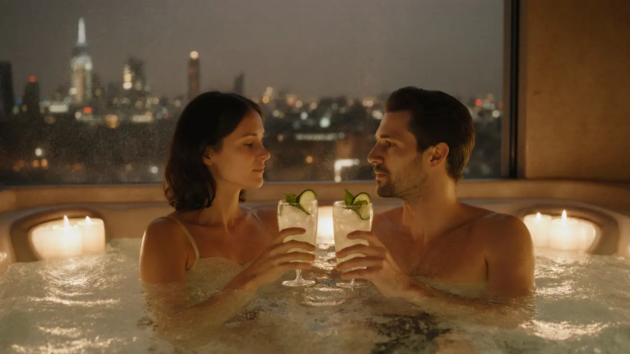 Couple enjoying low‑ABV cocktails while relaxed in a lit jacuzzi with a faint London skyline behind.