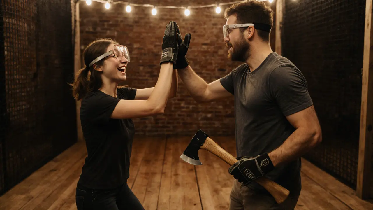 Couple high-fiving after a successful axe throw with safety gear