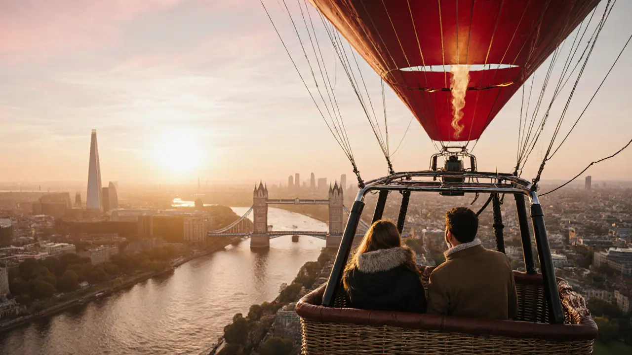 Couple in a basket viewing London's sunrise over the Thames.