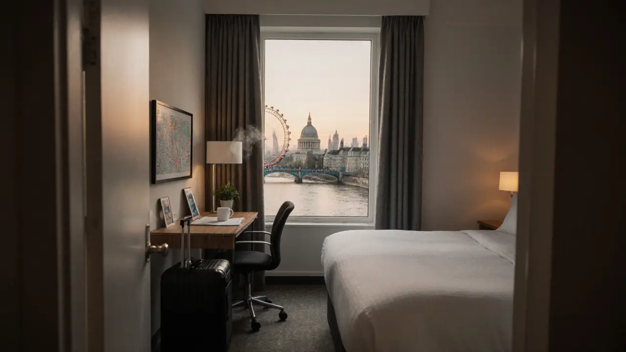 Cozy budget hotel room with suitcase, city map, and window showing London skyline at dusk.