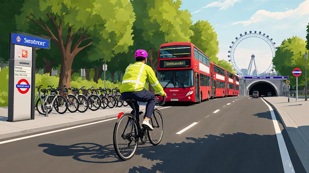 Cyclist riding on a Cycle Superhighway past stopped buses and a closed Tube entrance.