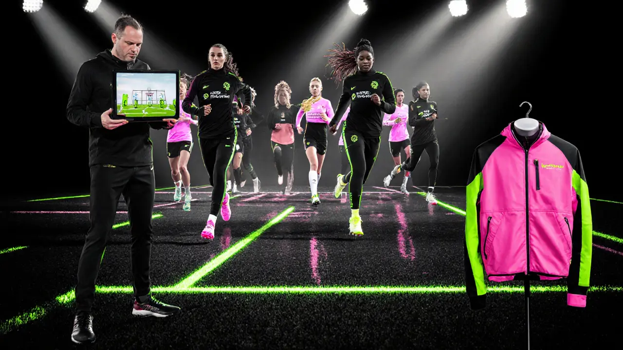 Dynamic illustration of Lionesses training on a neon‑accented turf runway with fashion elements.