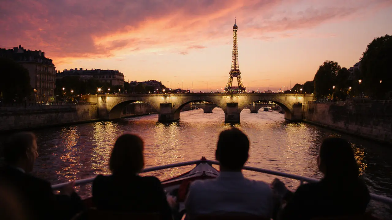 Evening Seine river cruise with illuminated bridges and Eiffel Tower.