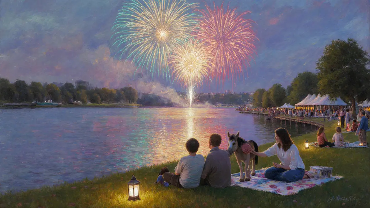 Families and couples watching fireworks over the lake after the horse show finale.