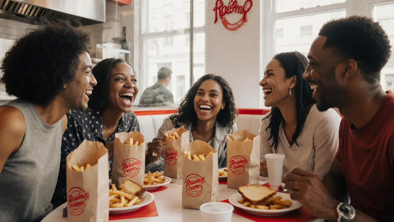 Friends laughing together at a Raising Cane’s table with fries and toast in London.