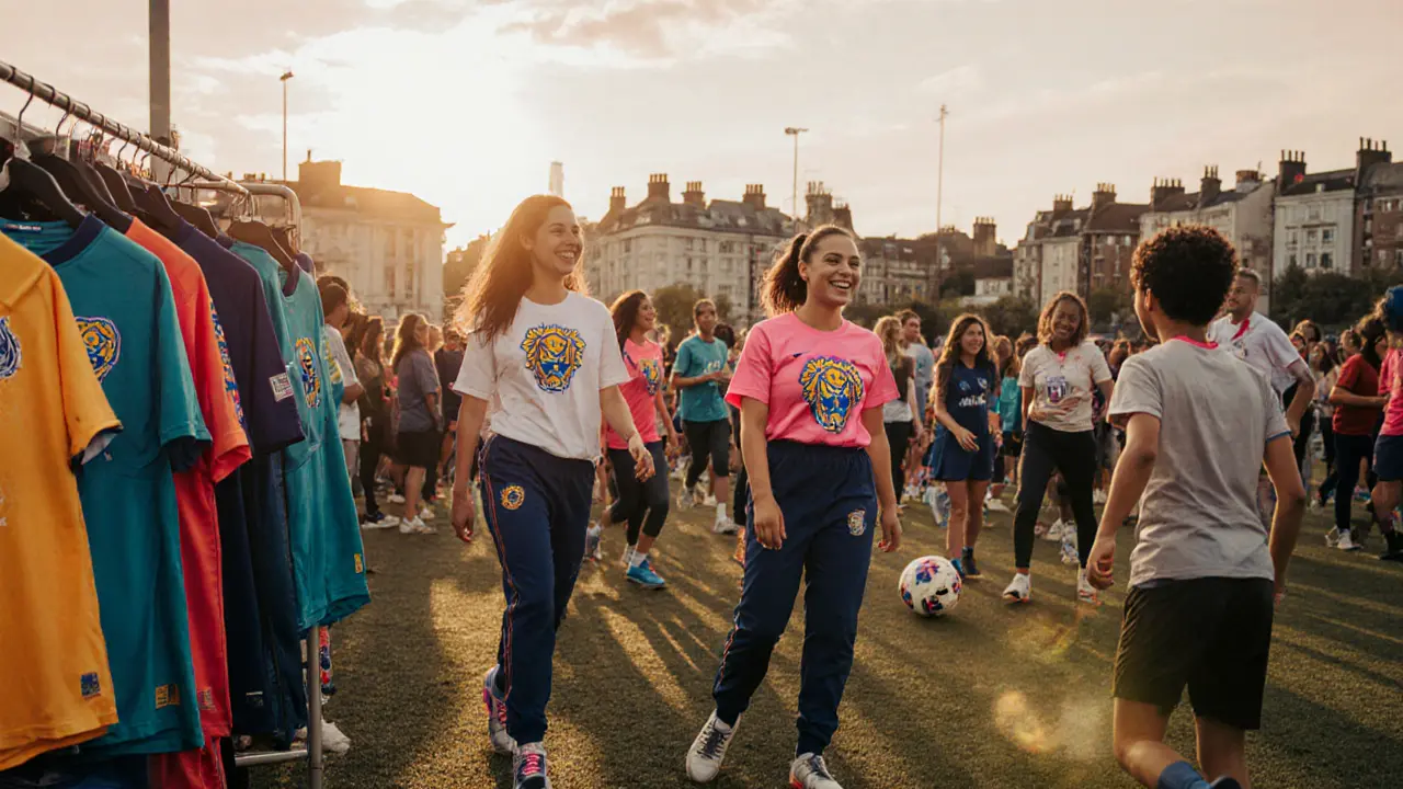 Golden‑hour photo of fans and youth clinic at an open‑training event, showcasing Lionesses apparel.