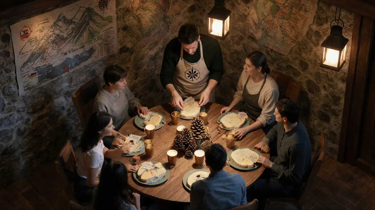 Group workshop in a cozy lodge room, participants making cheese around a wooden table.
