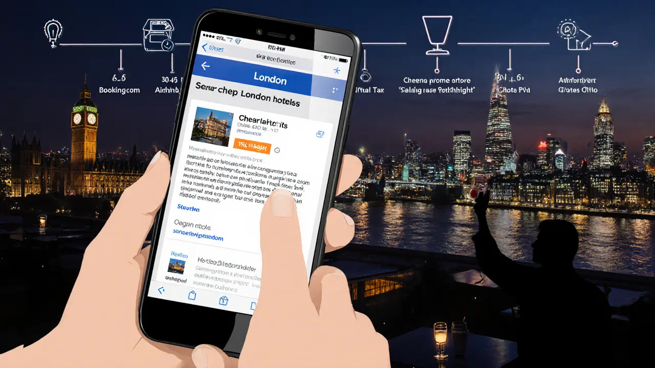 Hand holding phone shows booking confirmation with promo code; rooftop view of Thames in background.