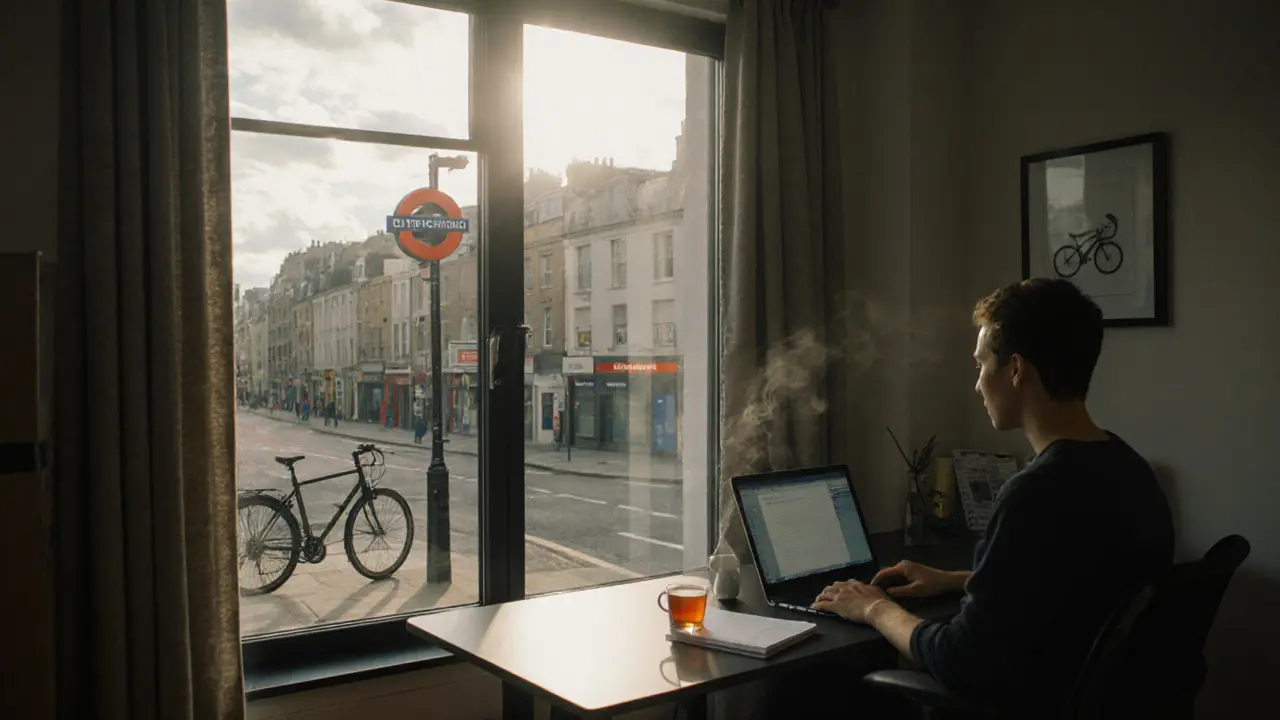 Home office with laptop, coffee, and a bike locked outside a window overlooking the city.