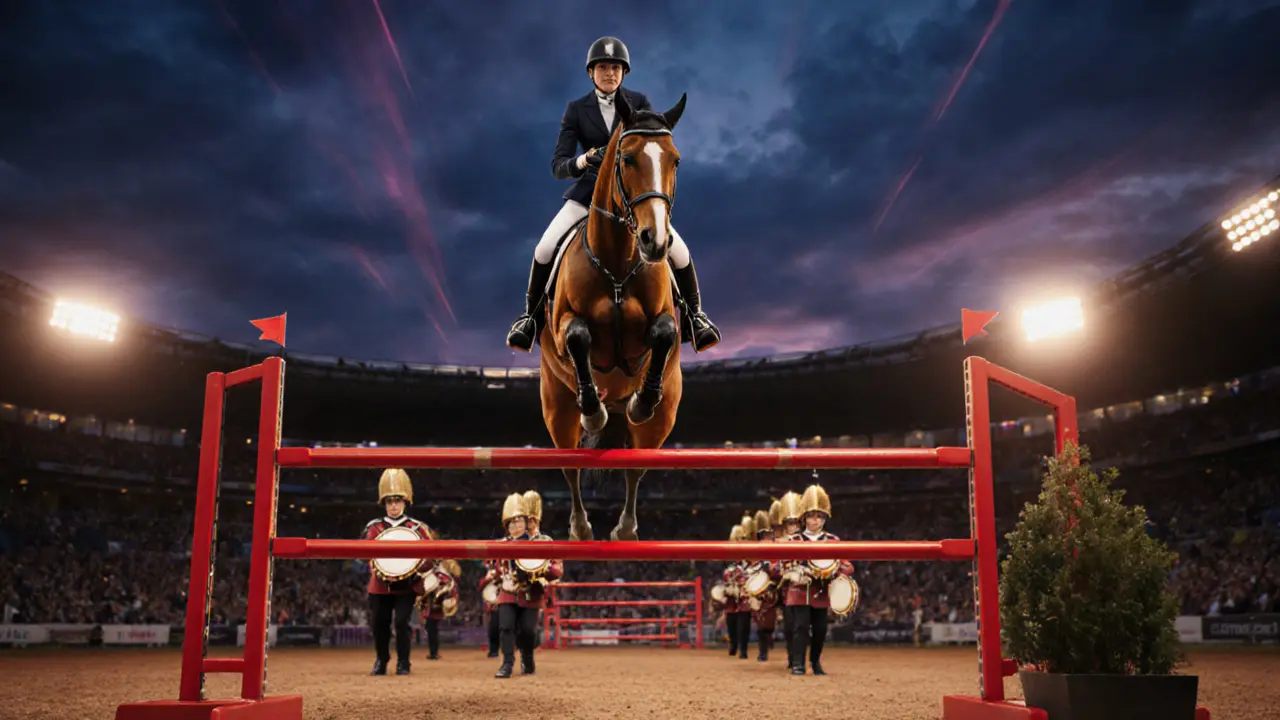 Horse mid‑jump over a red rail with Royal Artillery troops performing nearby at dusk.