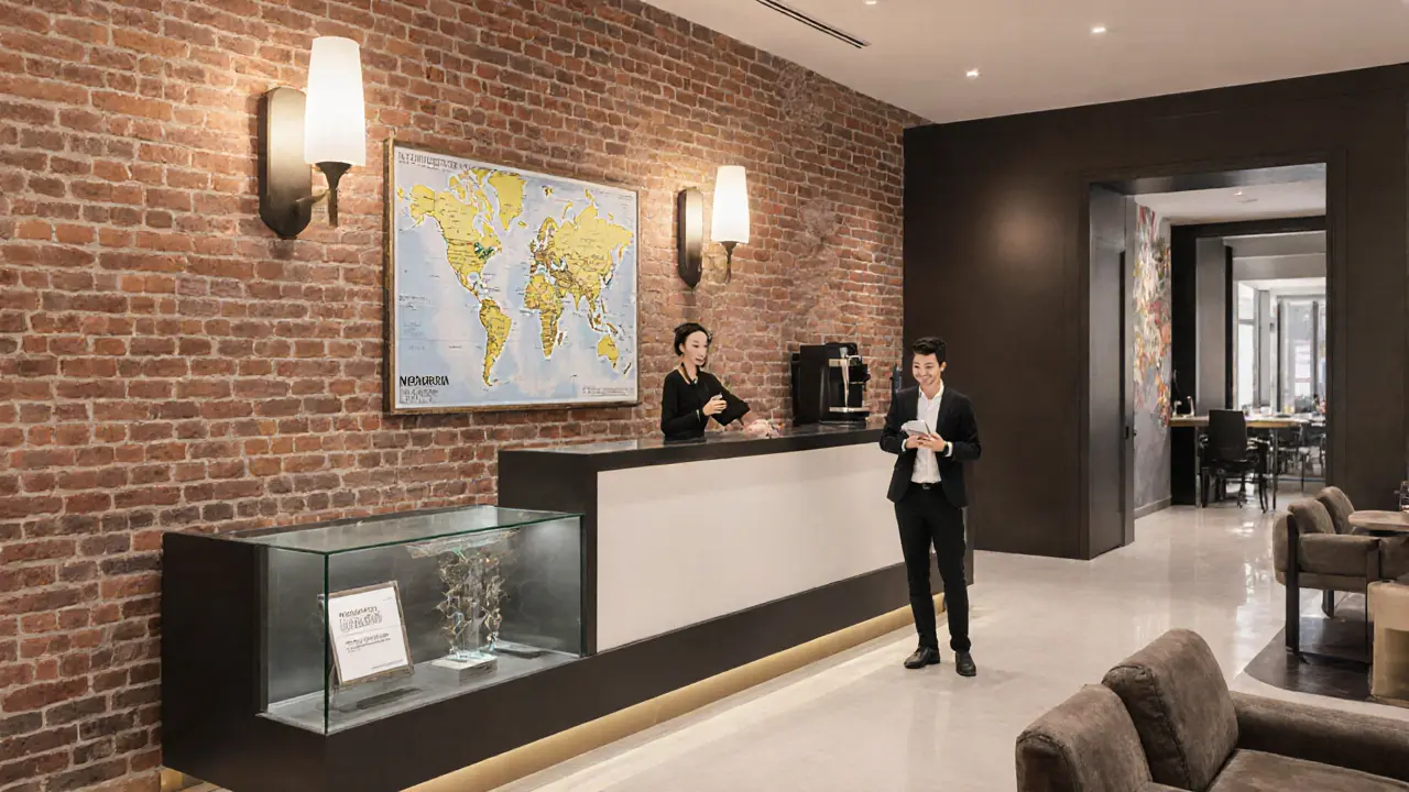 Hotel lobby with exposed brick, soft lighting, a concierge desk, and a guest using a phone for a digital room key.