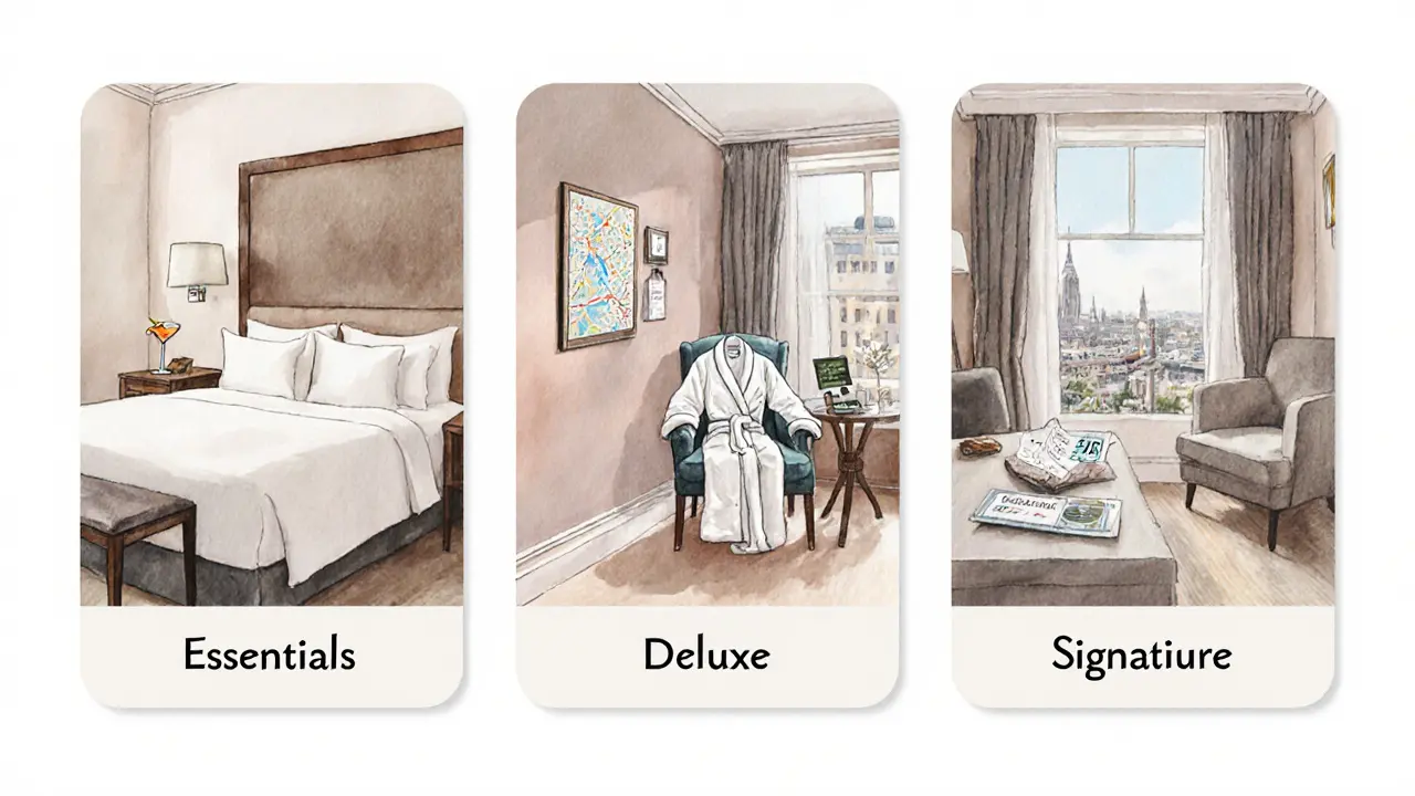 Illustrated display of Essentials, Deluxe, and Signature packages with room, spa, and tour icons.