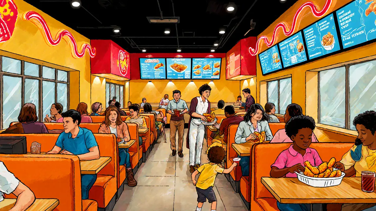 Illustrated interior of Raising Cane's with families enjoying chicken tenders and sauce.