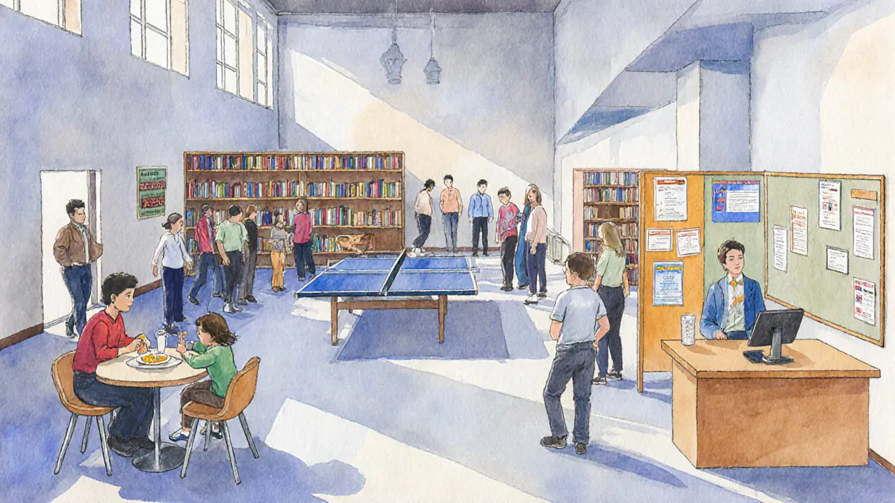 Inside community centre showing families, teens, and volunteers in various activities.