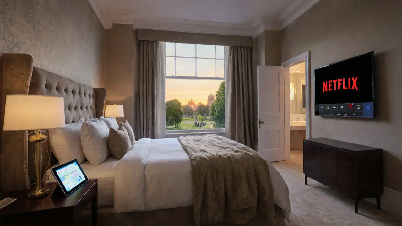 Luxury guestroom with tablet‑controlled lighting, king bed, and Hyde Park view.