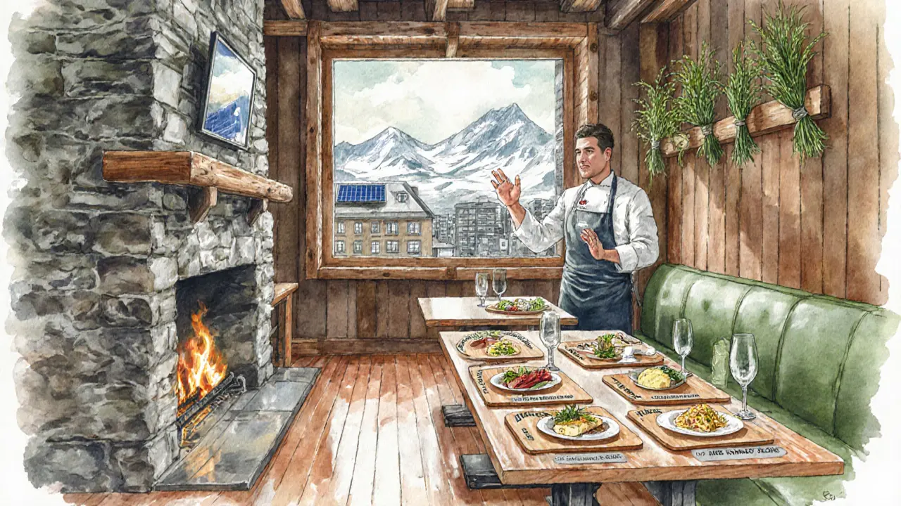 Mountain‑style interior with stone fireplace, wooden boards of Alpine dishes, and a chef explaining.