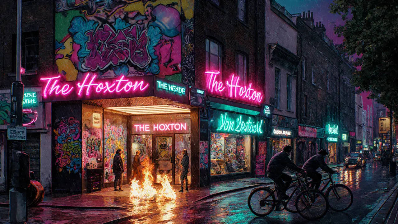 Neon‑lit Shoreditch street with graffiti, cafés, and a boutique hotel entrance.