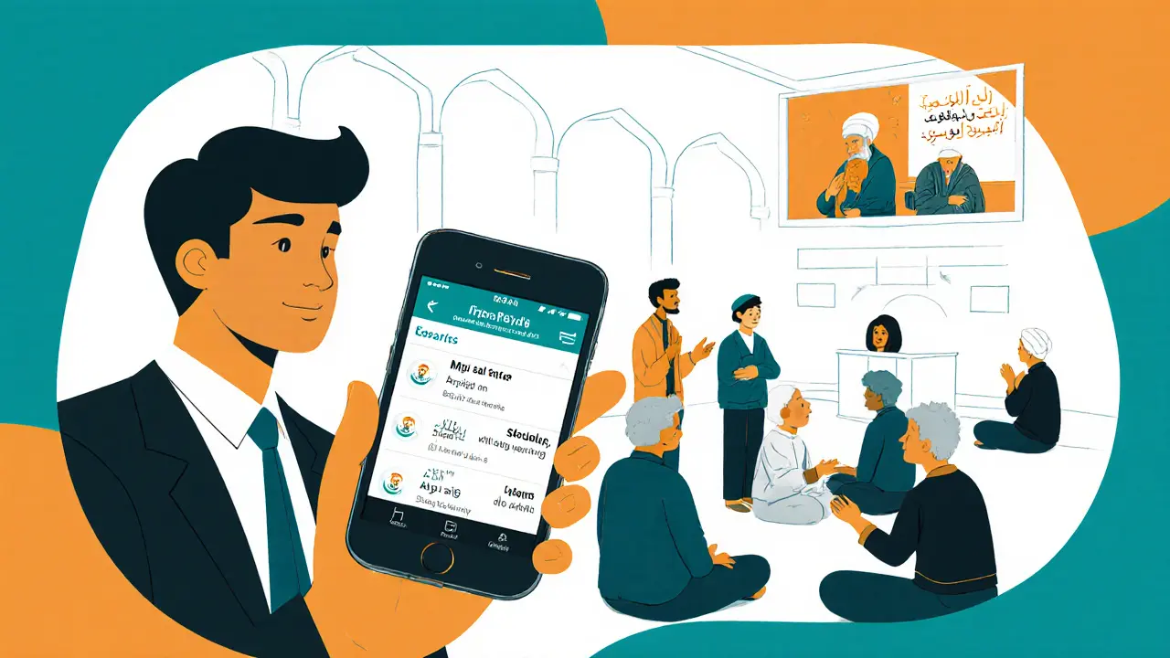 Newcomer using mosque app while diverse visitors attend a prayer service.