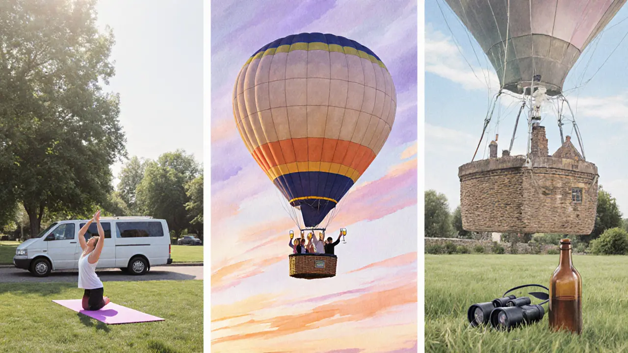 Pastel watercolor of yoga, balloon ascent, and champagne toast landing.