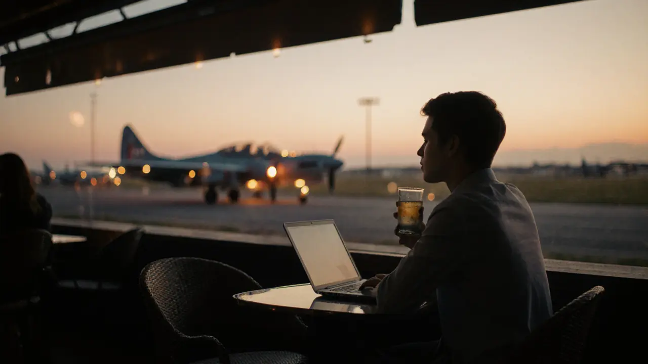 Person reflects at rooftop café, watching vintage aircraft on the runway at sunset.
