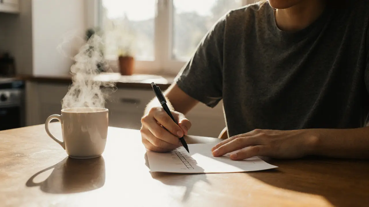 Person using a simple paper checklist at a kitchen table with coffee