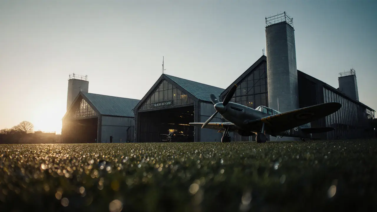 RAF Museum London exterior at dawn with Spitfire under soft morning light