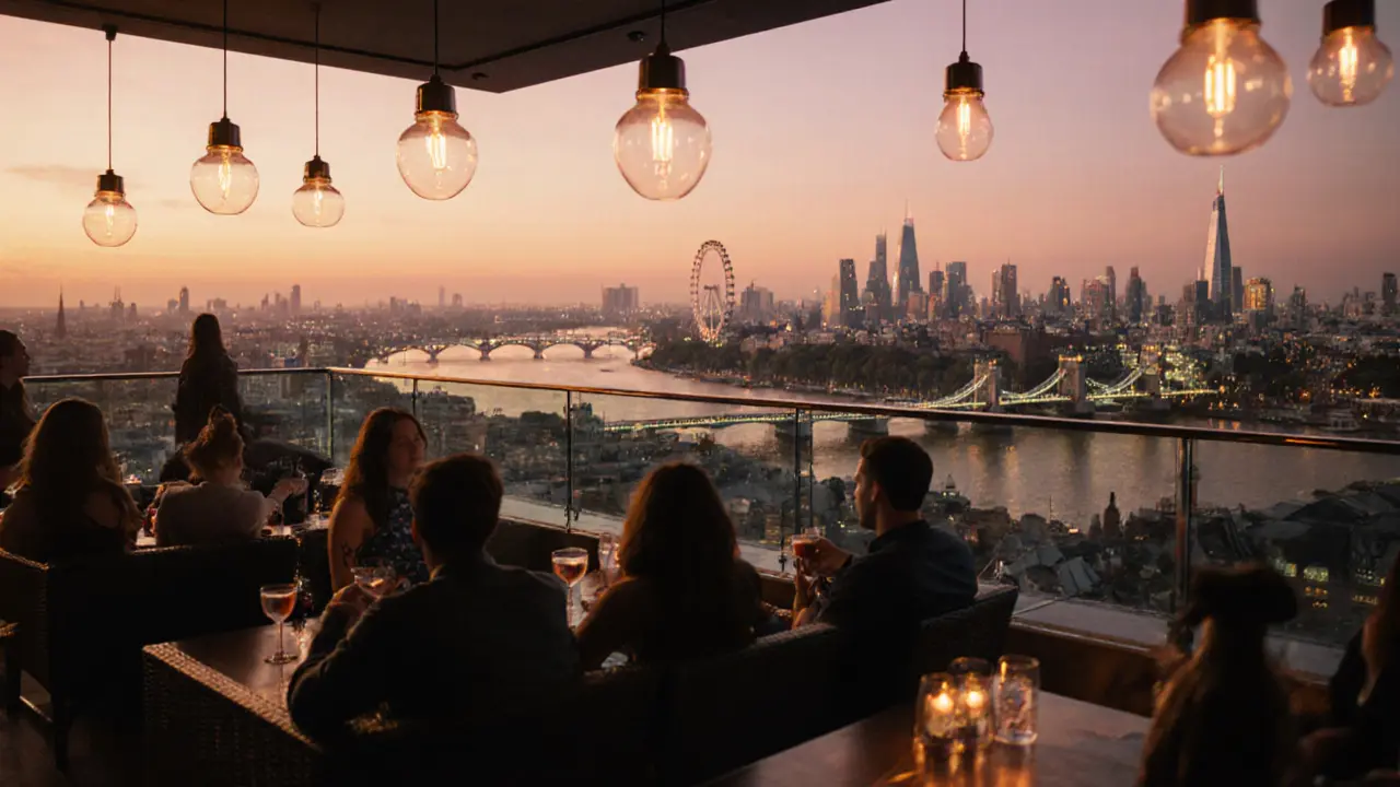 Rooftop bar at sunset showing guests sipping drinks while overlooking the river and London skyline.