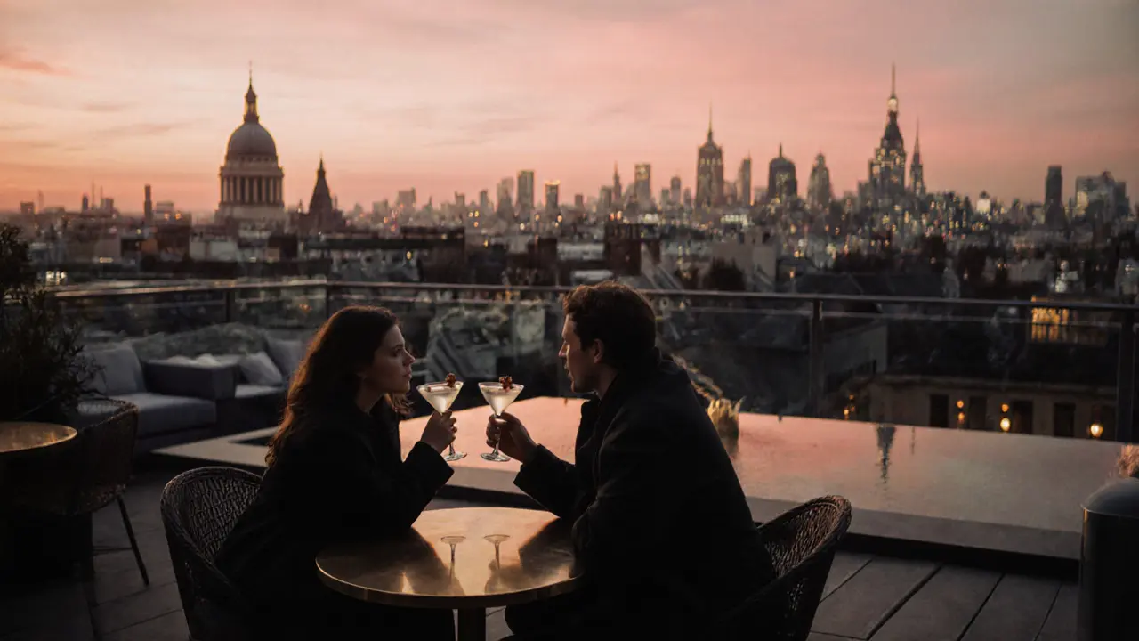 Rooftop bar at sunset with couple enjoying cocktails and city skyline.