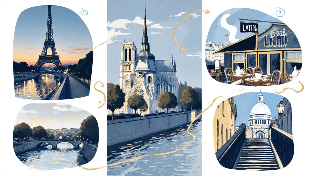 Sequence of Eiffel Tower, Seine walk, café, and Montmartre views in one illustration.