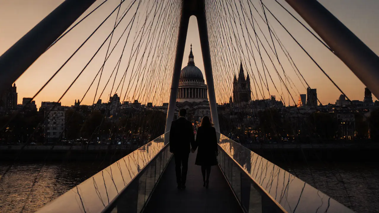 Silhouetted couple walking across Millennium Bridge at dusk, St. Paul’s Cathedral in background.