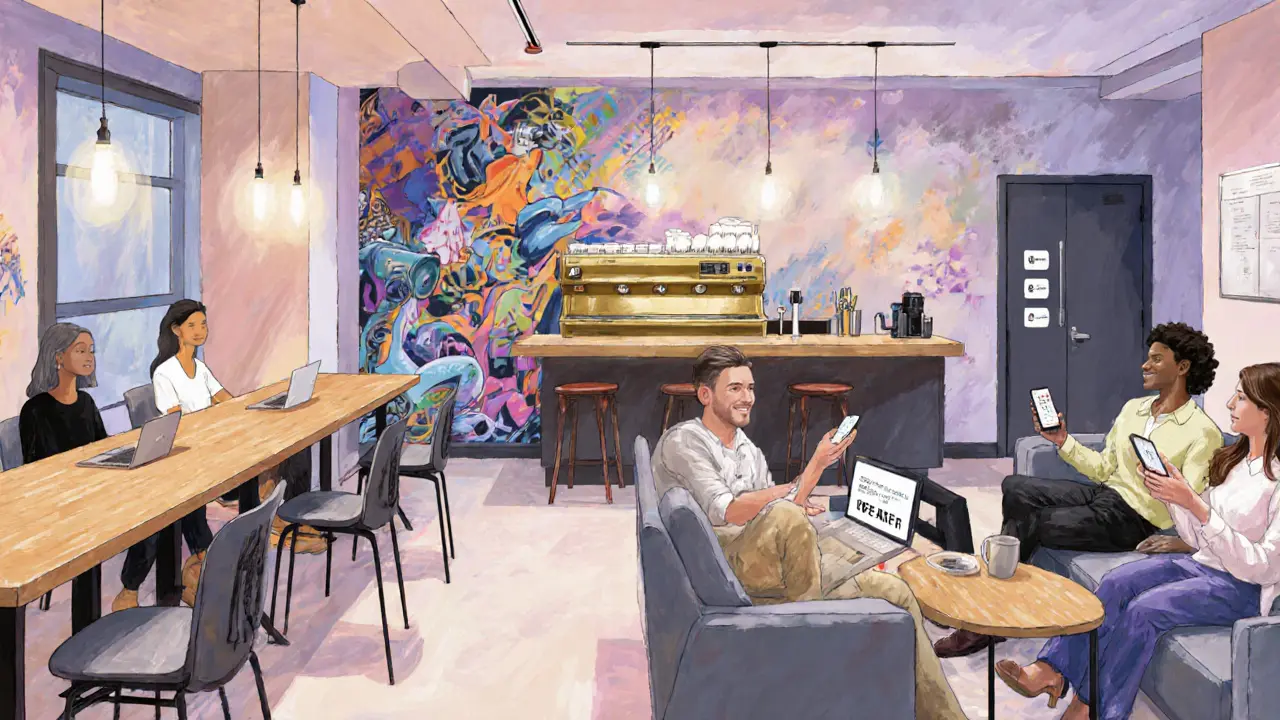 Stylish boutique hotel lobby with co‑working space, coffee bar, and guests using discount codes.