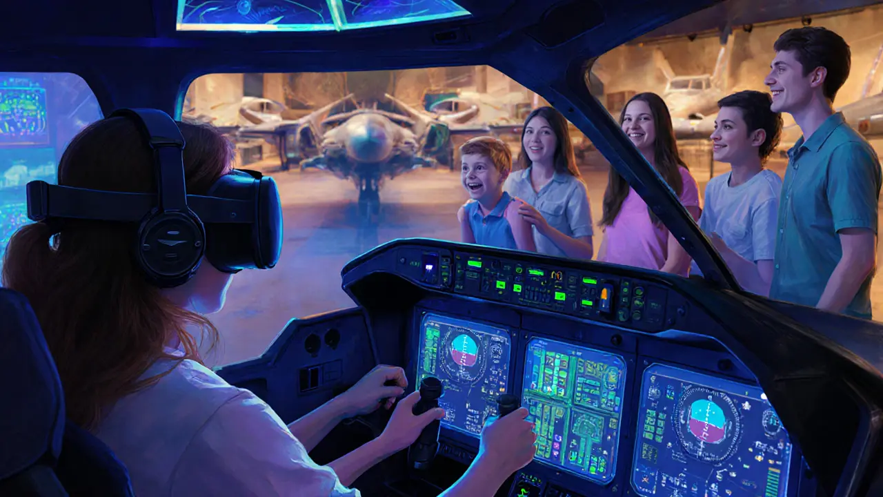 Teenager and family use flight simulators and VR cockpits in the museum's interactive zone.
