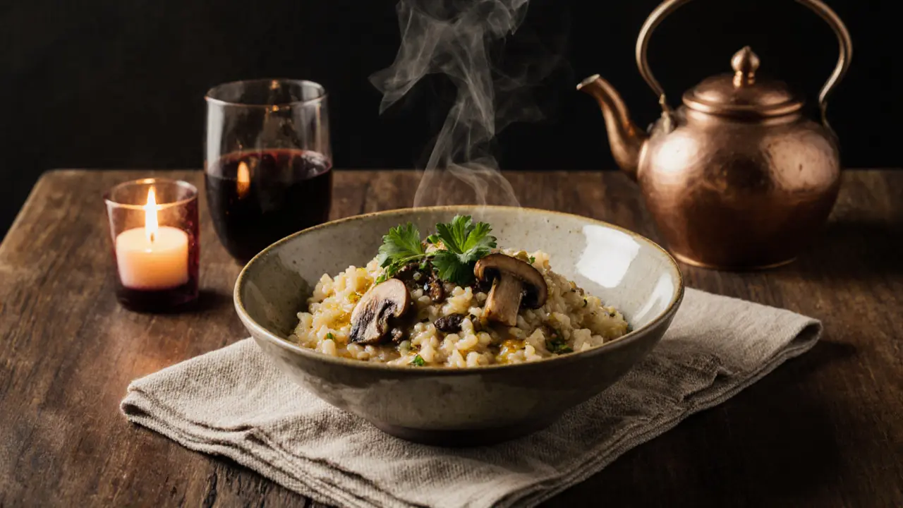 A bowl of wild mushroom risotto with truffle oil and parsley on a wooden table.