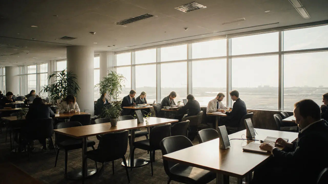 A calm airline lounge with natural light, people reading, and charging stations.