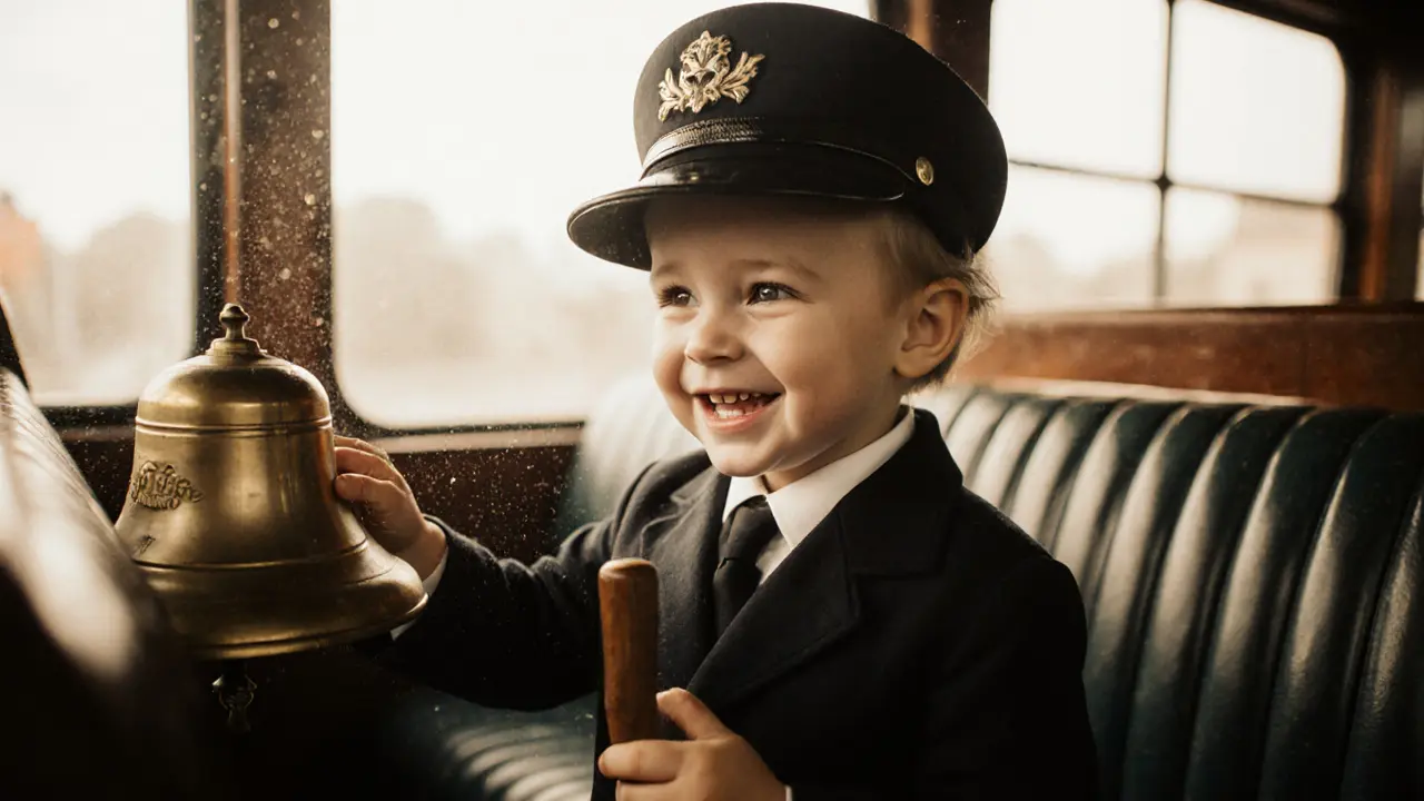 A child smiling while holding a vintage ticket punch next to a 1930s tram seat.
