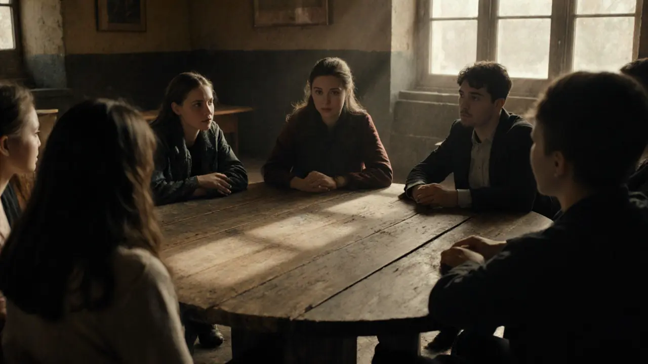 A circle of students and teachers discussing together at a wooden table.