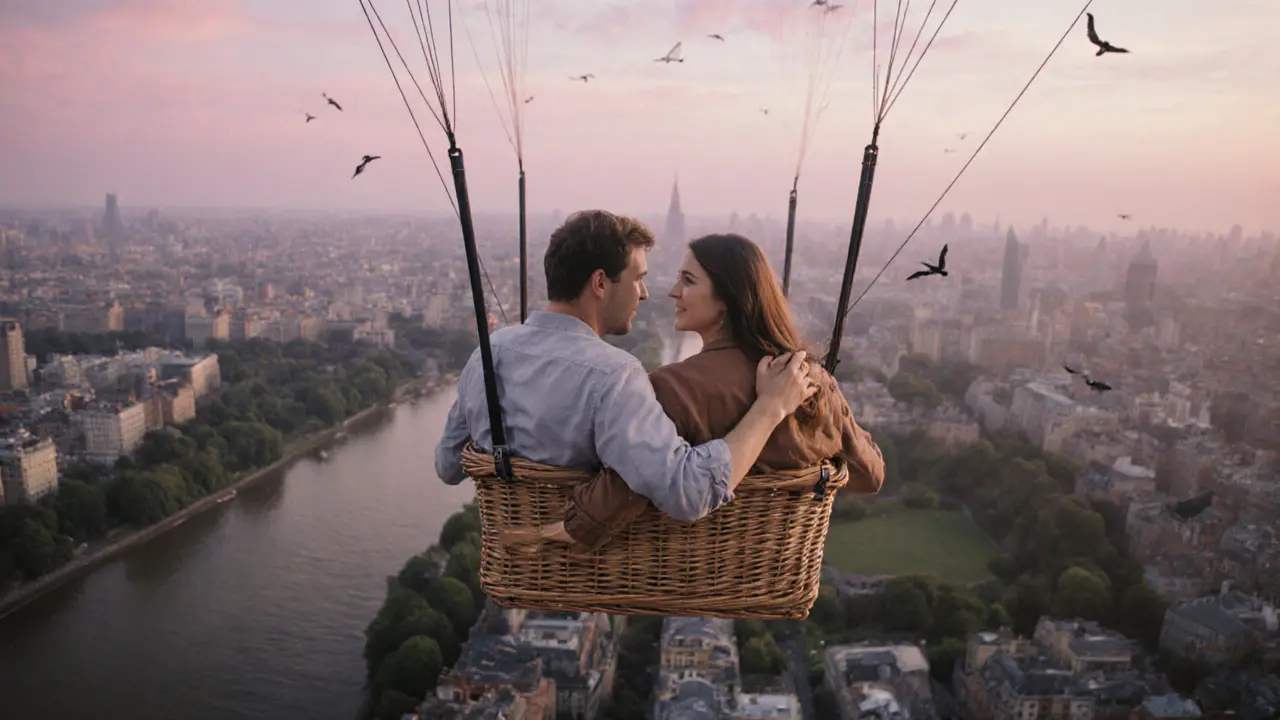 A couple holding hands in a balloon basket, smiling as London spreads out beneath them.