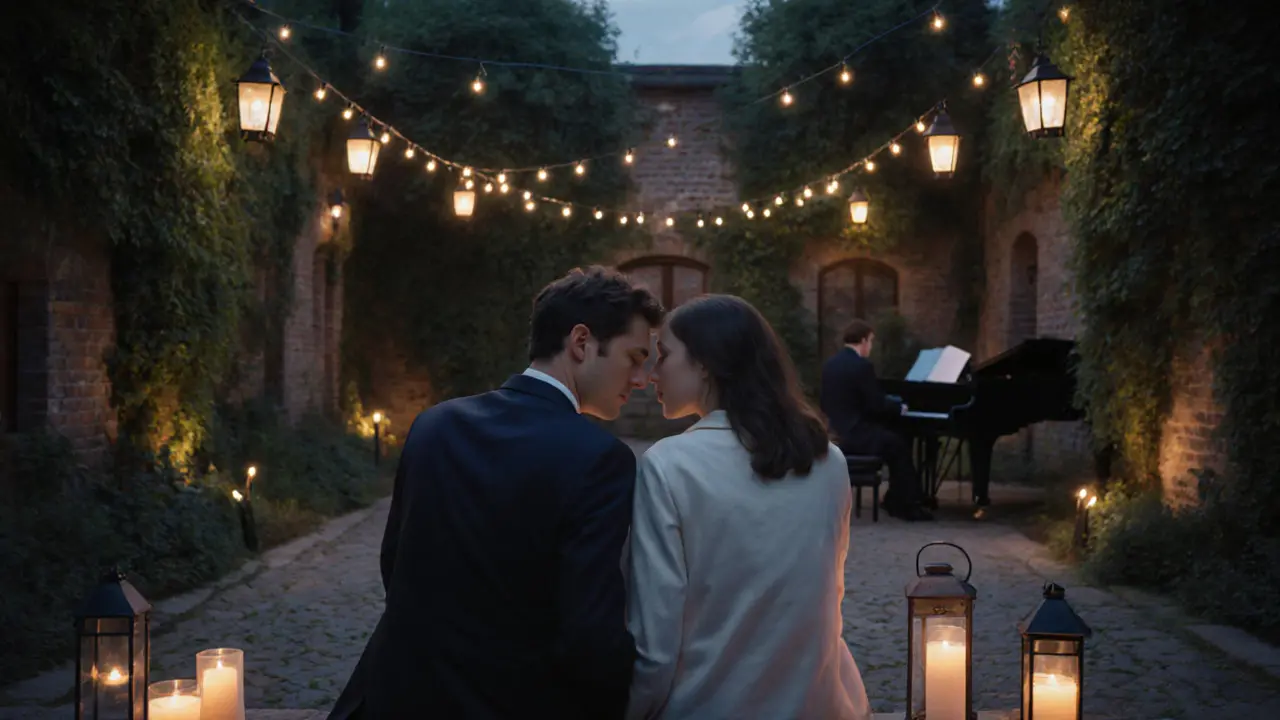A couple sits together in silence under candlelight in a garden courtyard at dusk.