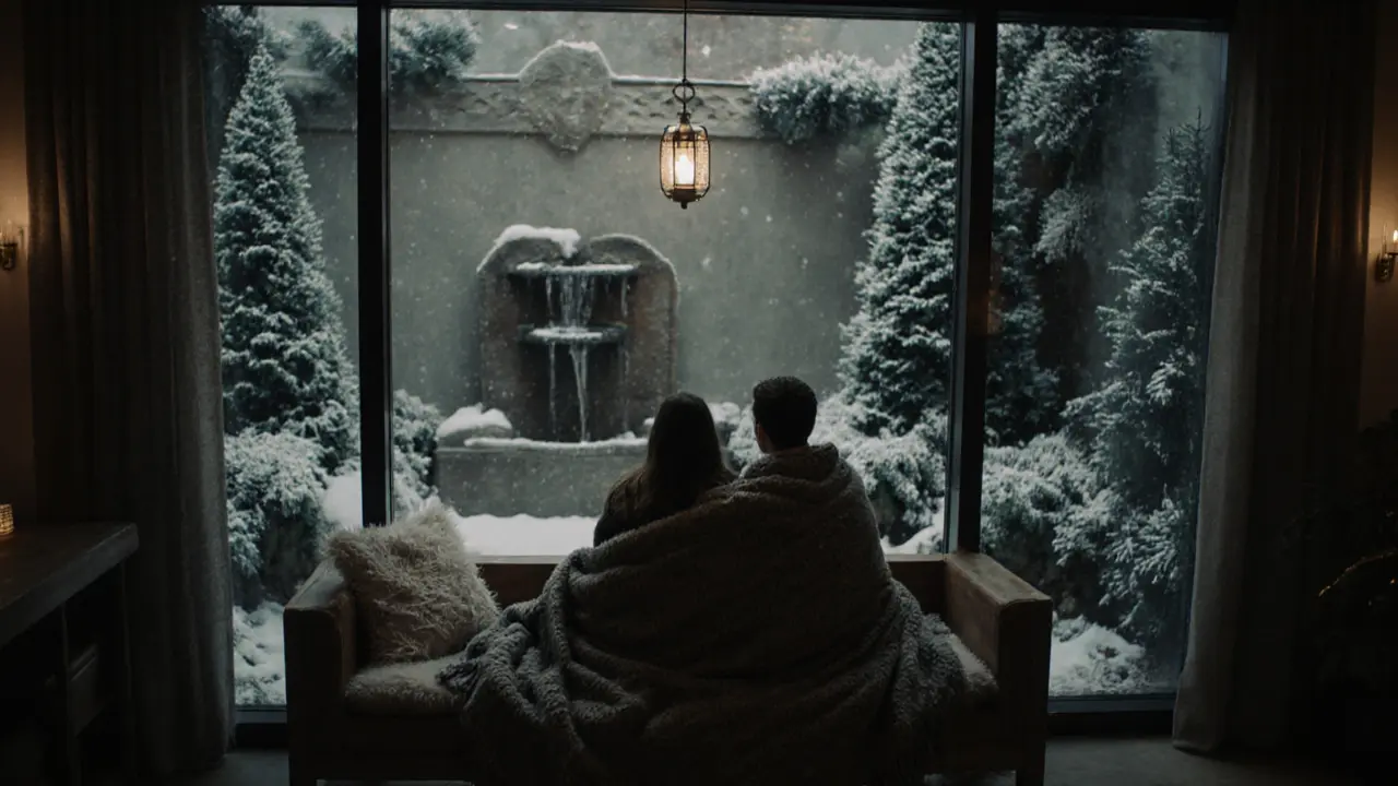 A couple wrapped in wool blankets by a window with indoor evergreens and a gentle waterfall.