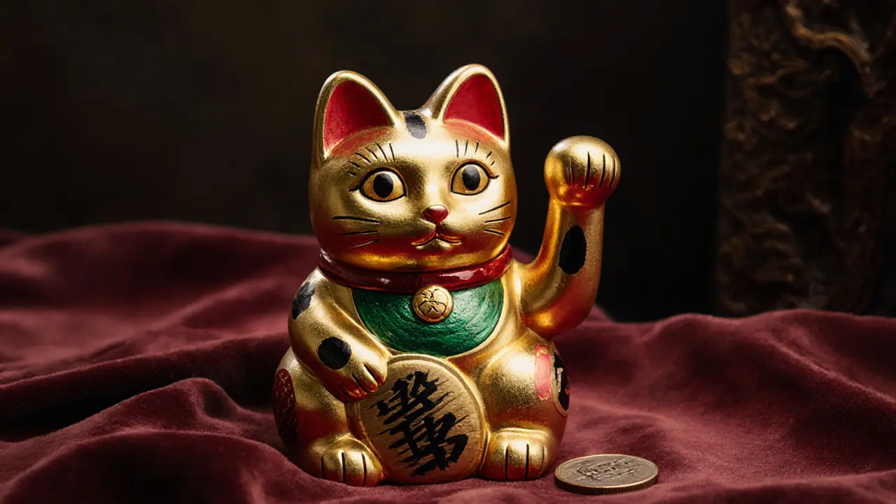 A detailed gold Maneki-neko cat with a coin beneath its paw, hand-painted and glowing in soft light.