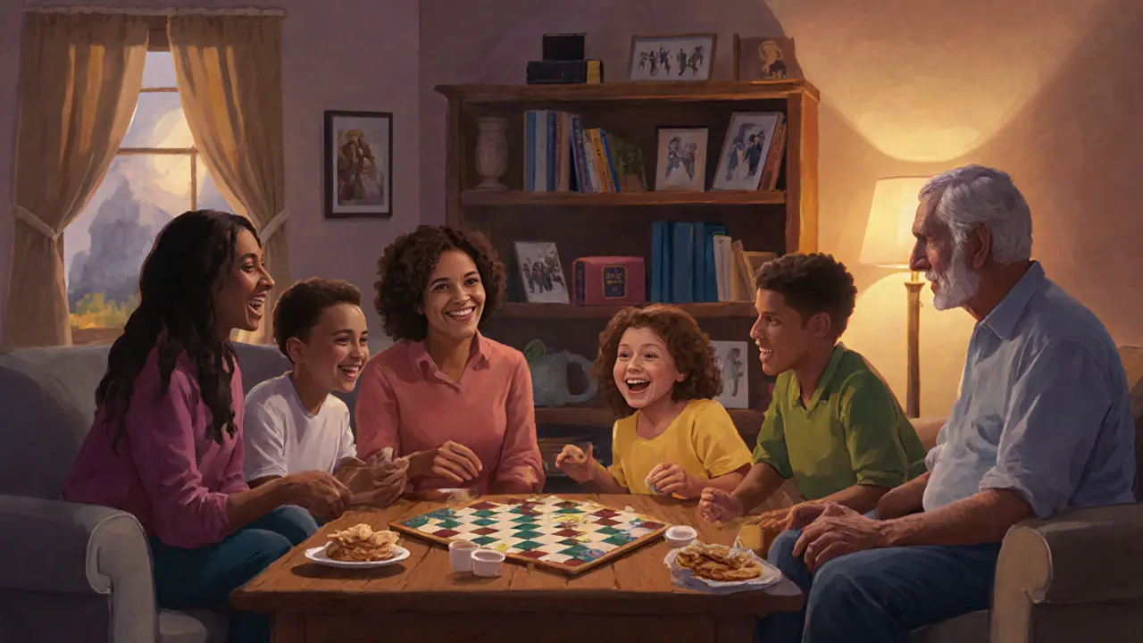 A diverse family playing a board game together during a screen-free evening at home.
