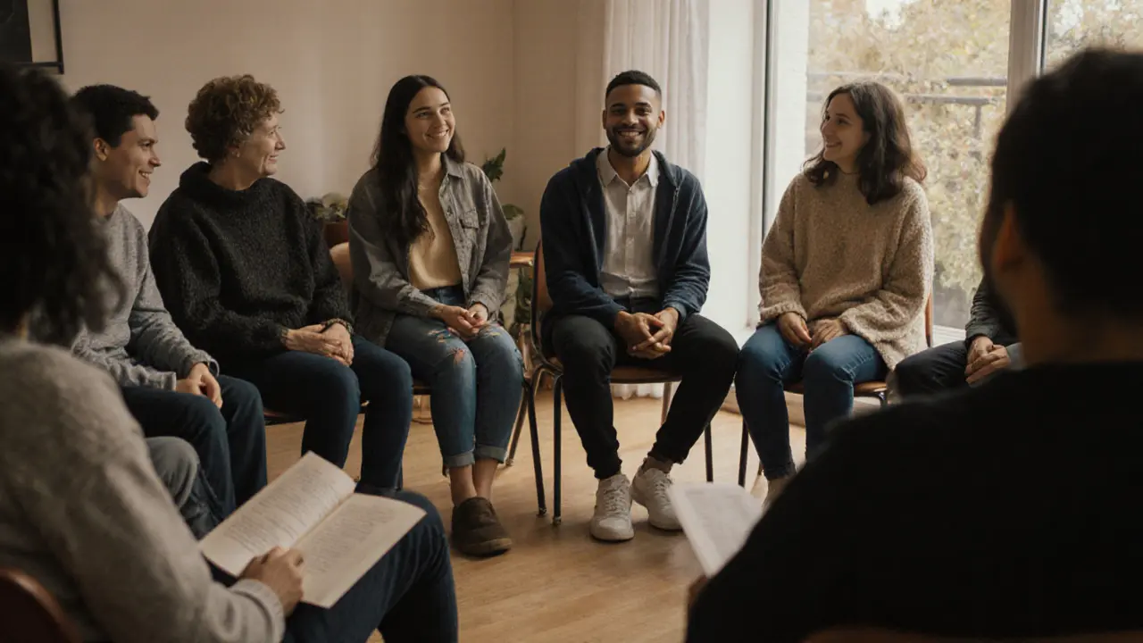 A diverse group of people sitting in a circle in a community center, sharing quietly.