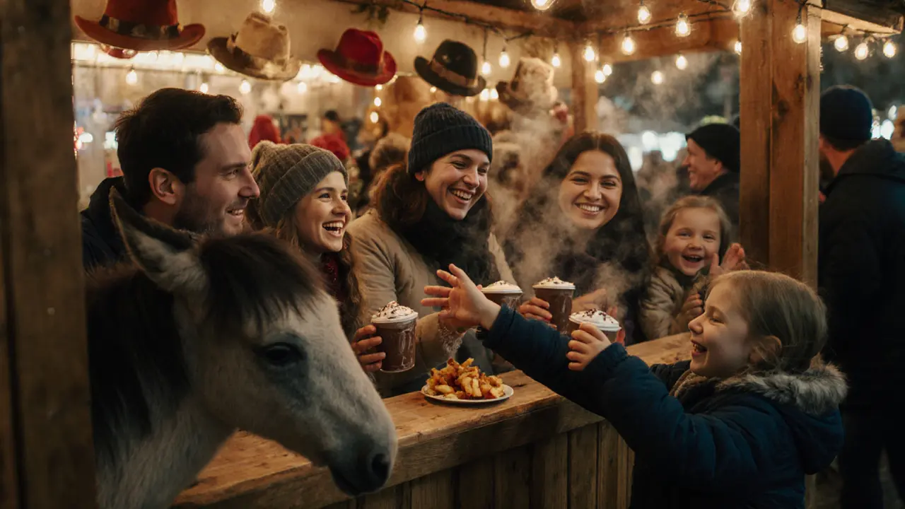 A family enjoying food at a stall while a child gently pets a pony nearby.